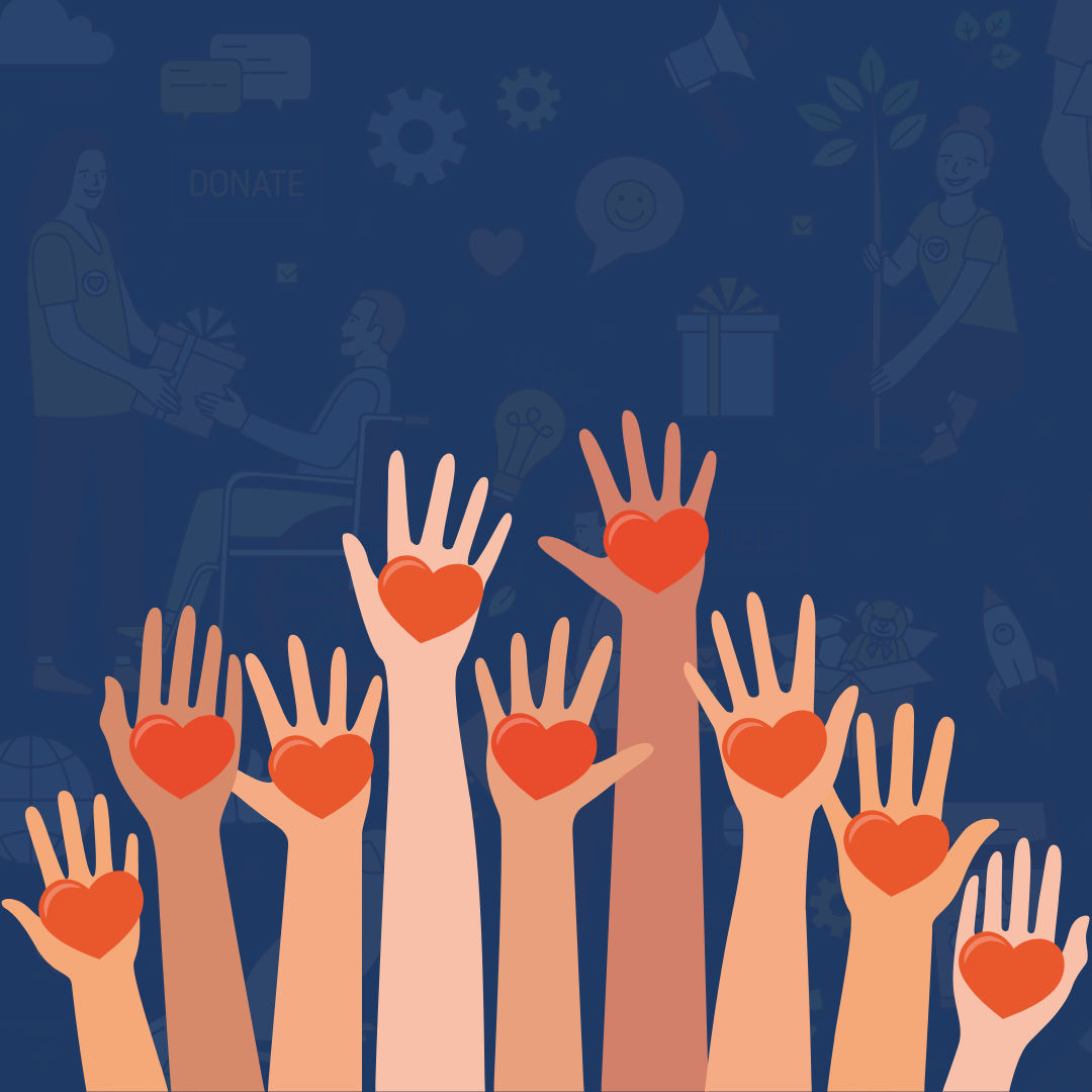 Volunteer hands with hearts graphic
