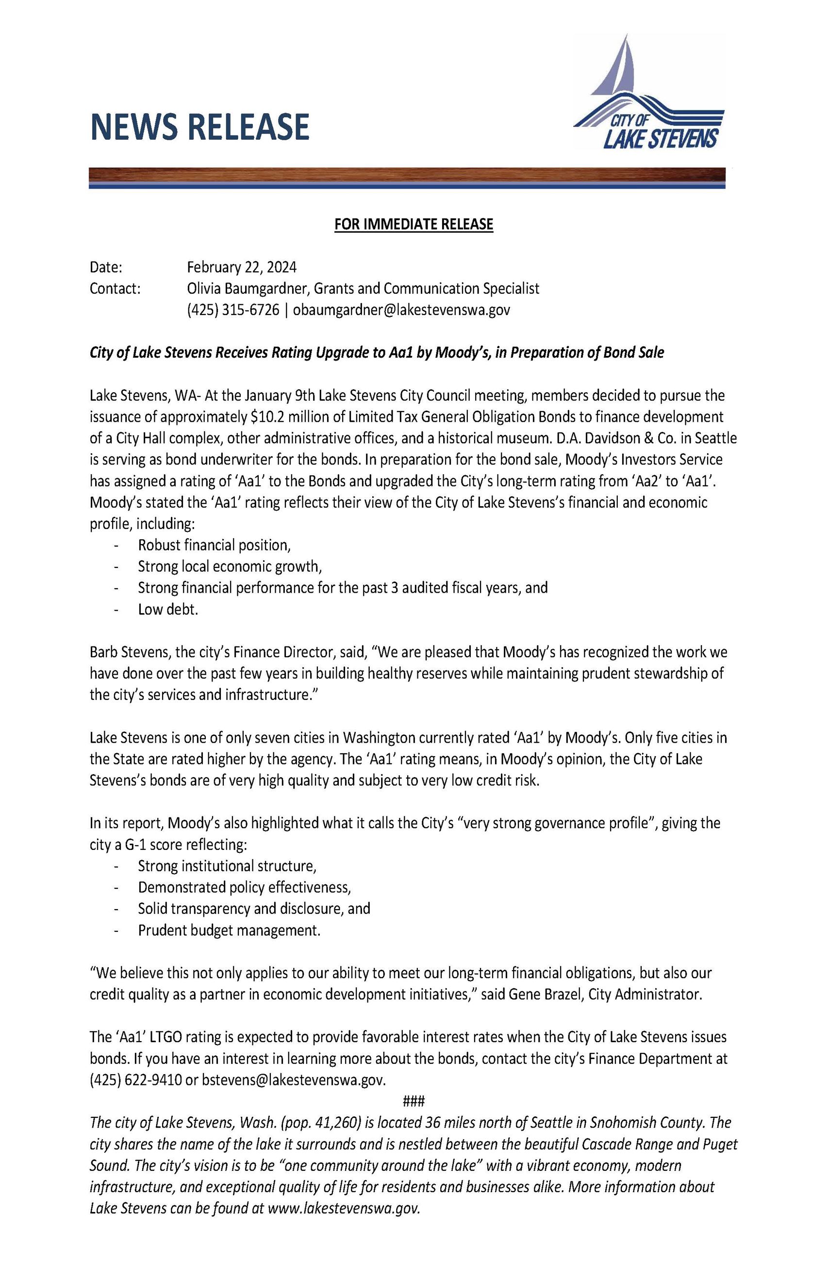 News Release City Receives Rating Upgrade to Aa1 by Moody's