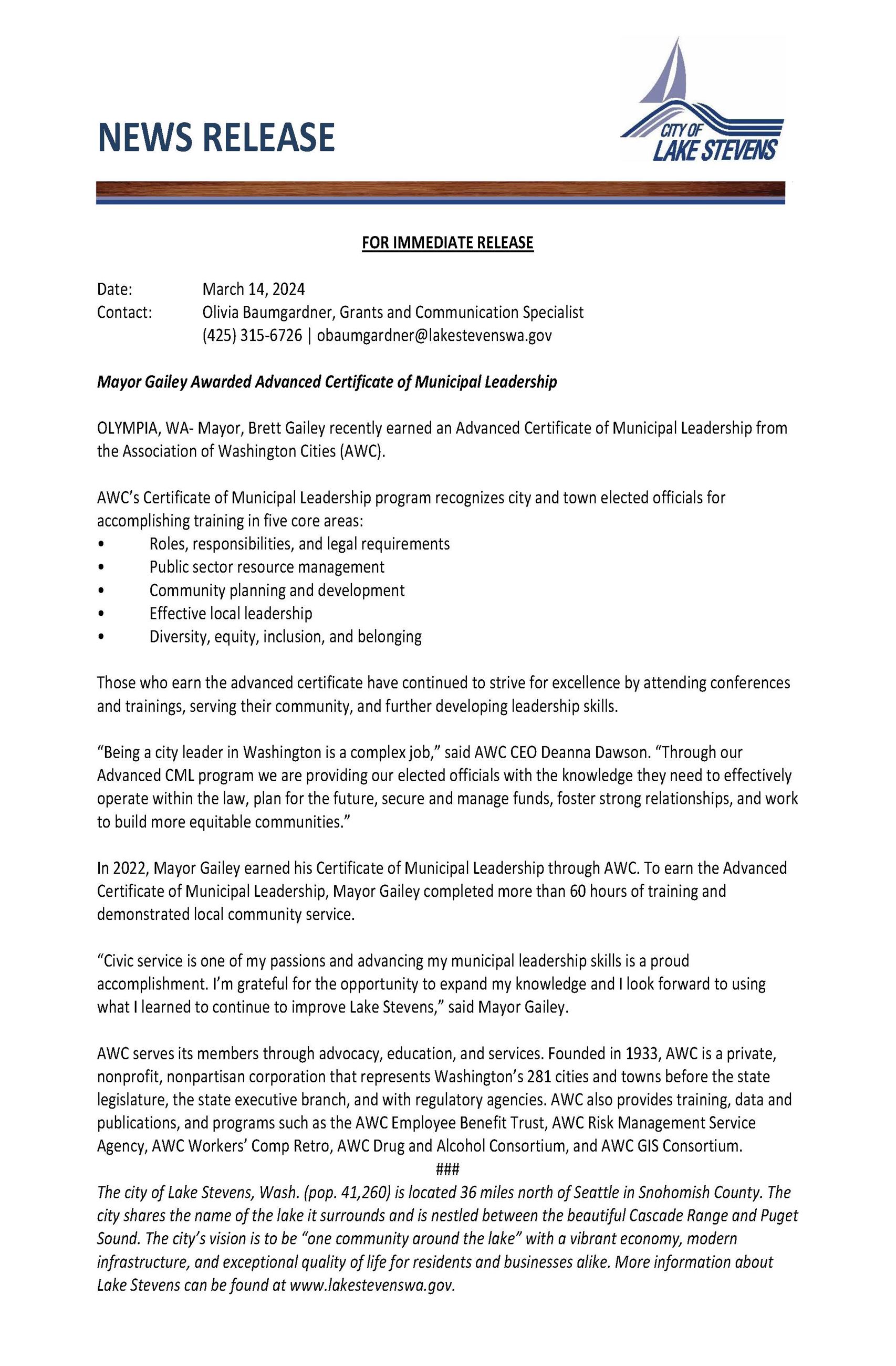 News Release- Mayor Gailey Awarded Advanced Certificate of Municipal Leadership
