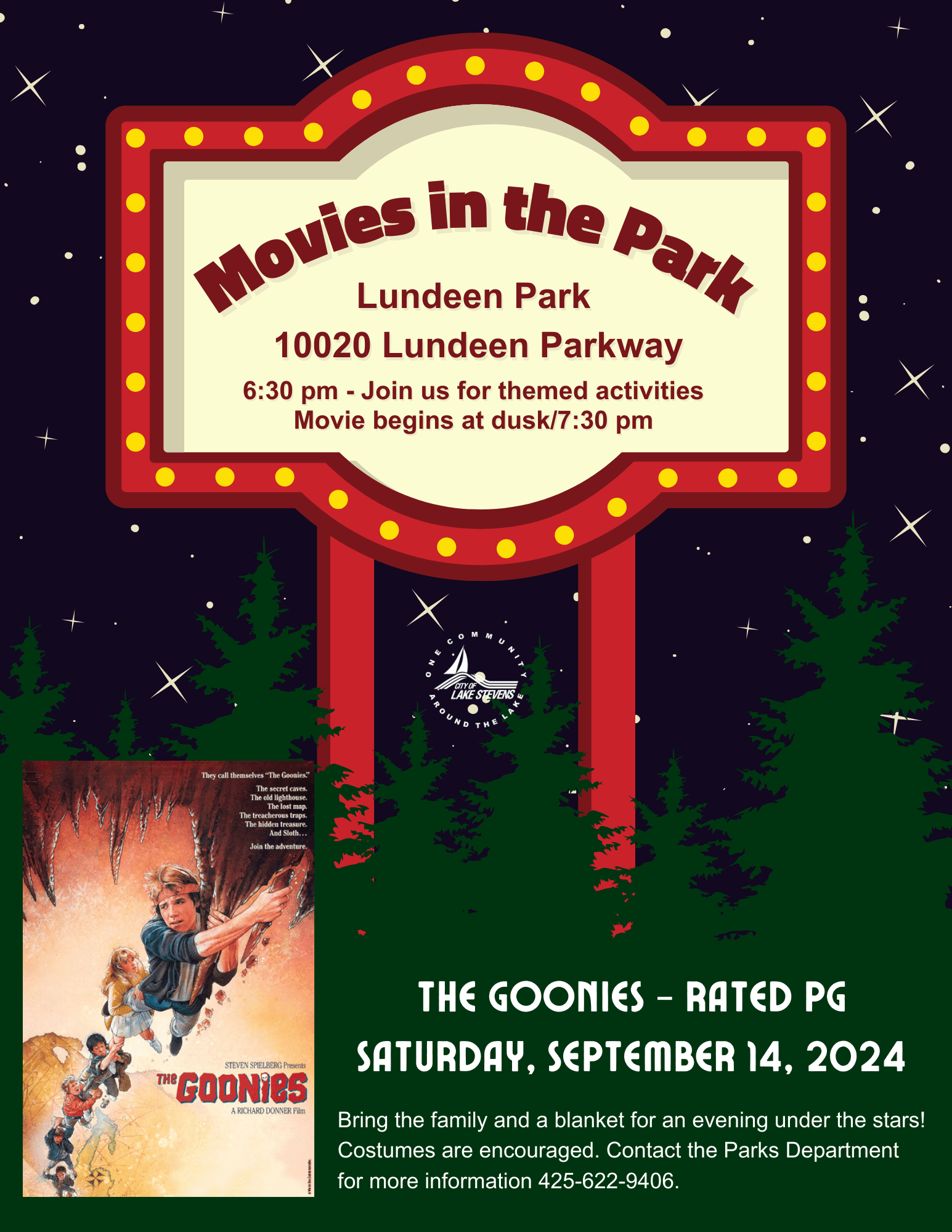 movies in the park 2024 poster for The Goonies in September