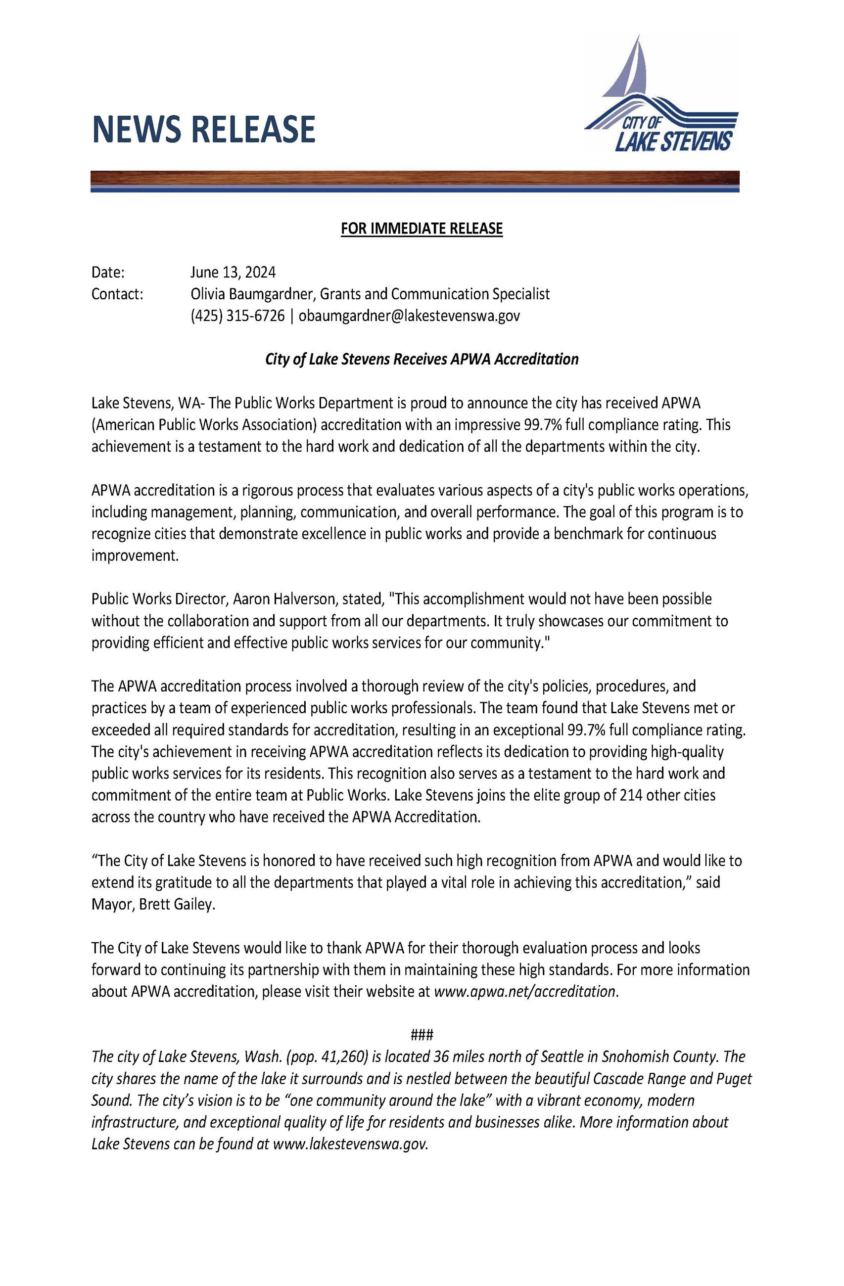 News Release- City of Lake Stevens Receives APWA Accreditation