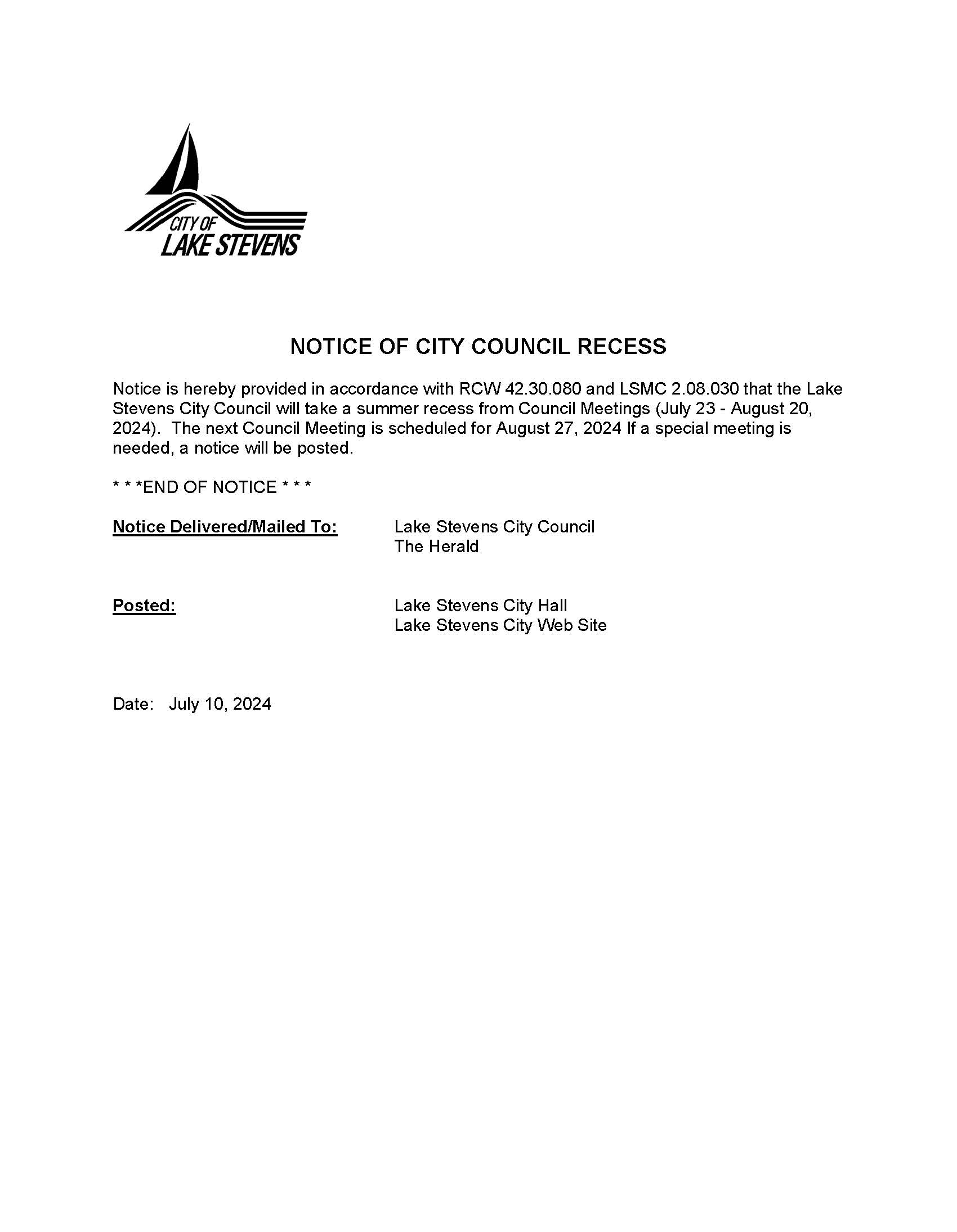 Summer 2024 City Council Recess Information