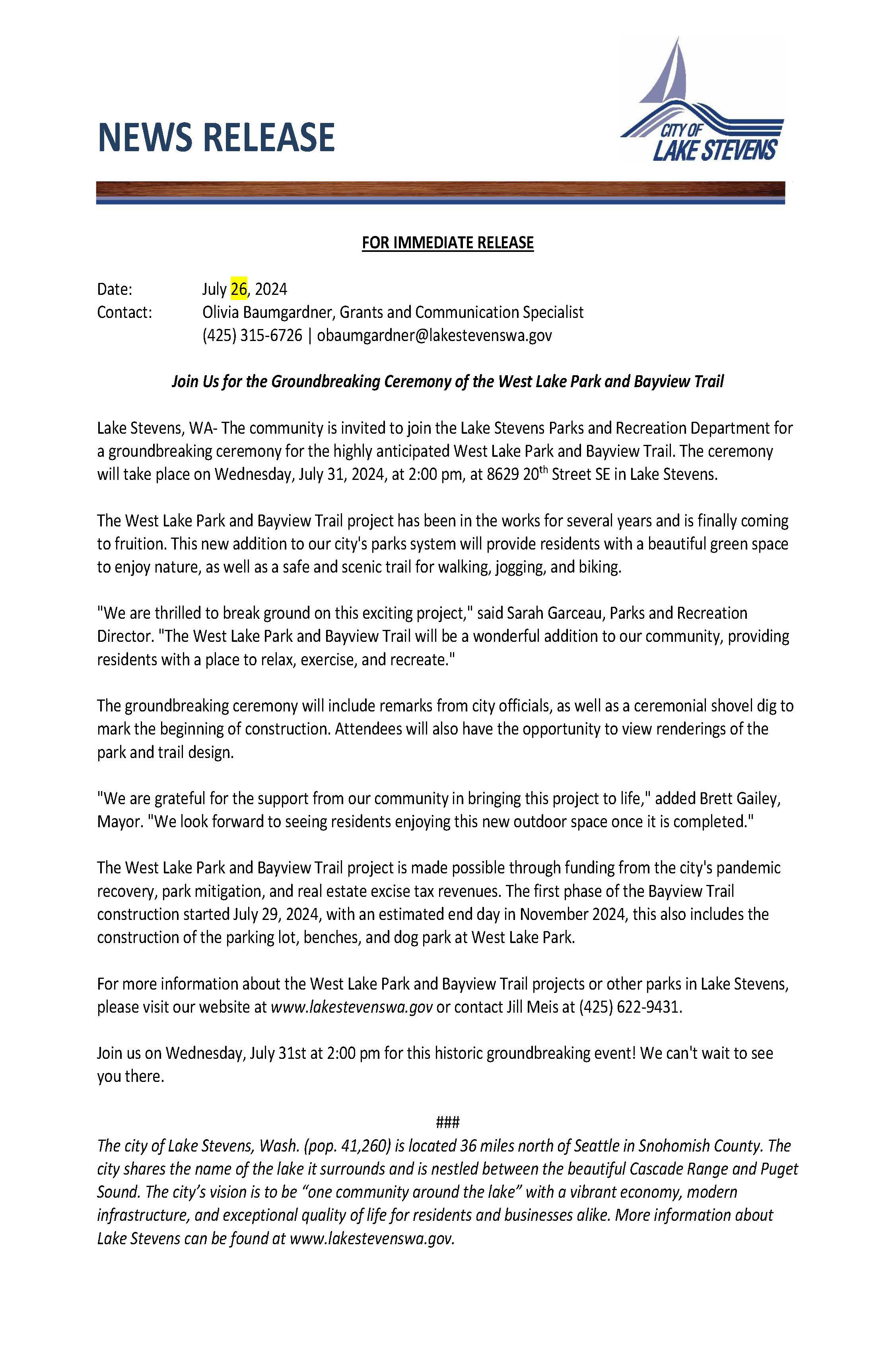 News Release for Groundbreaking Ceremony West Lake Park and Bayview Trail on July 31, 2024