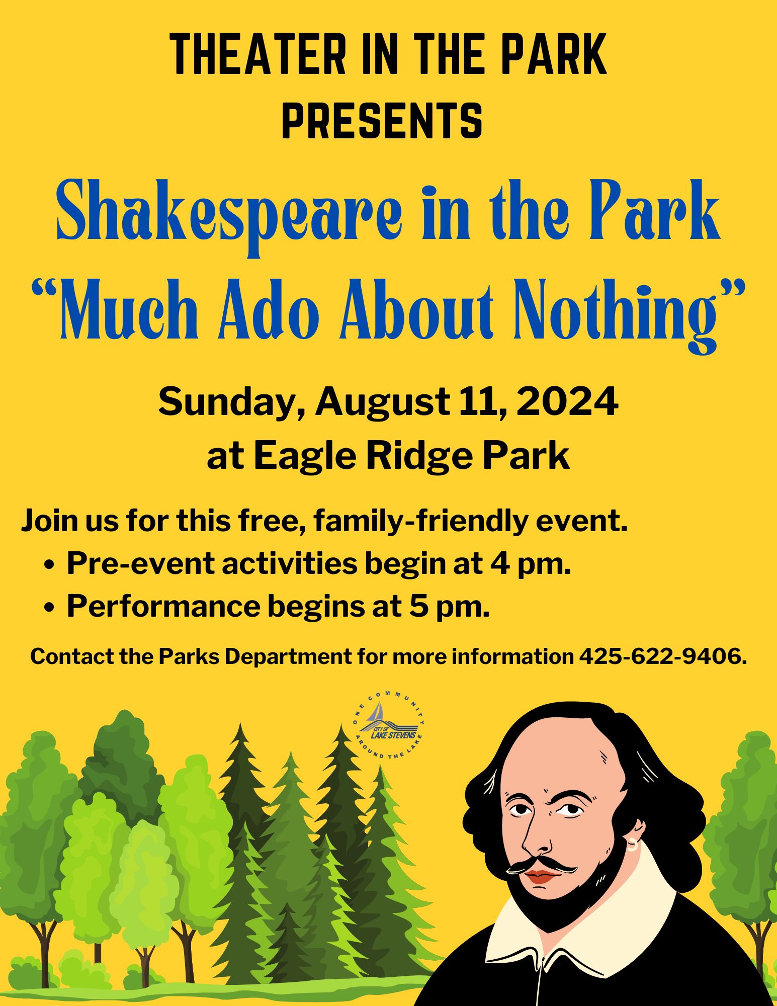 Flyer for THEATER IN THE PARK Shakespeare in the Park on Sunday, August 11, 2024 