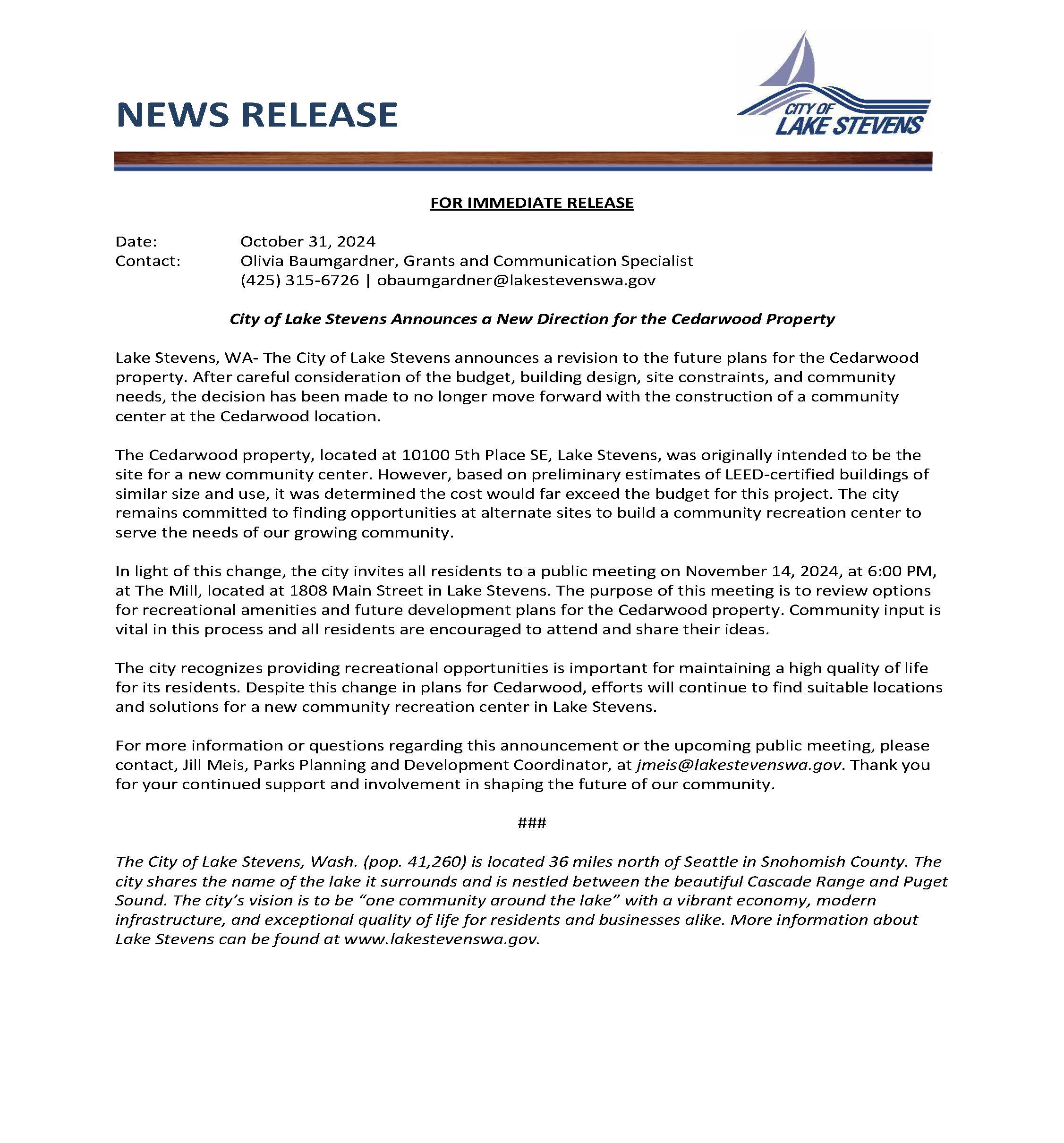 News Release - City of Lake Stevens Announces a New Direction for the Cedarwood Property