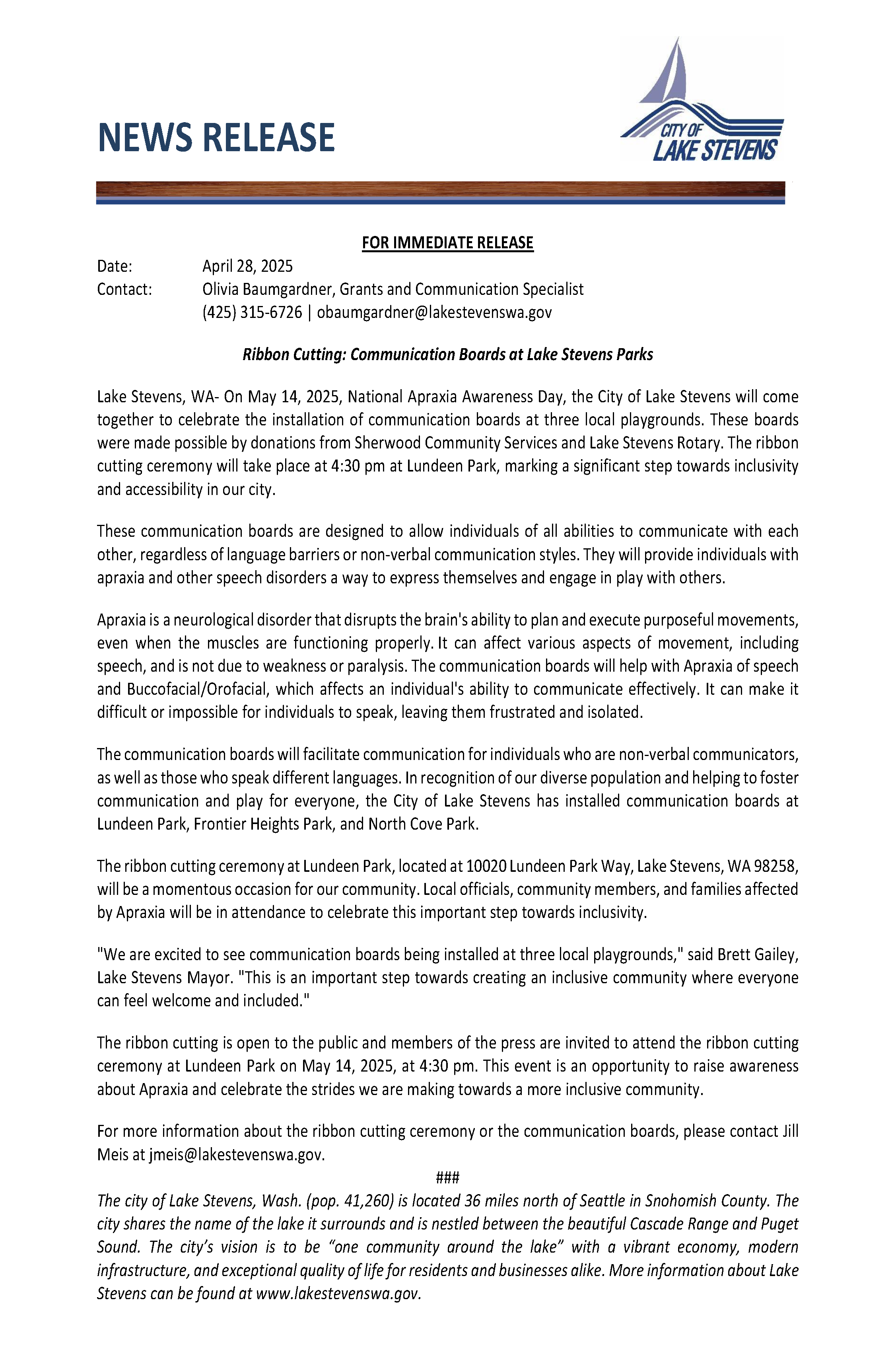 Ribbon Cutting: Communication Boards at Lake Stevens Parks