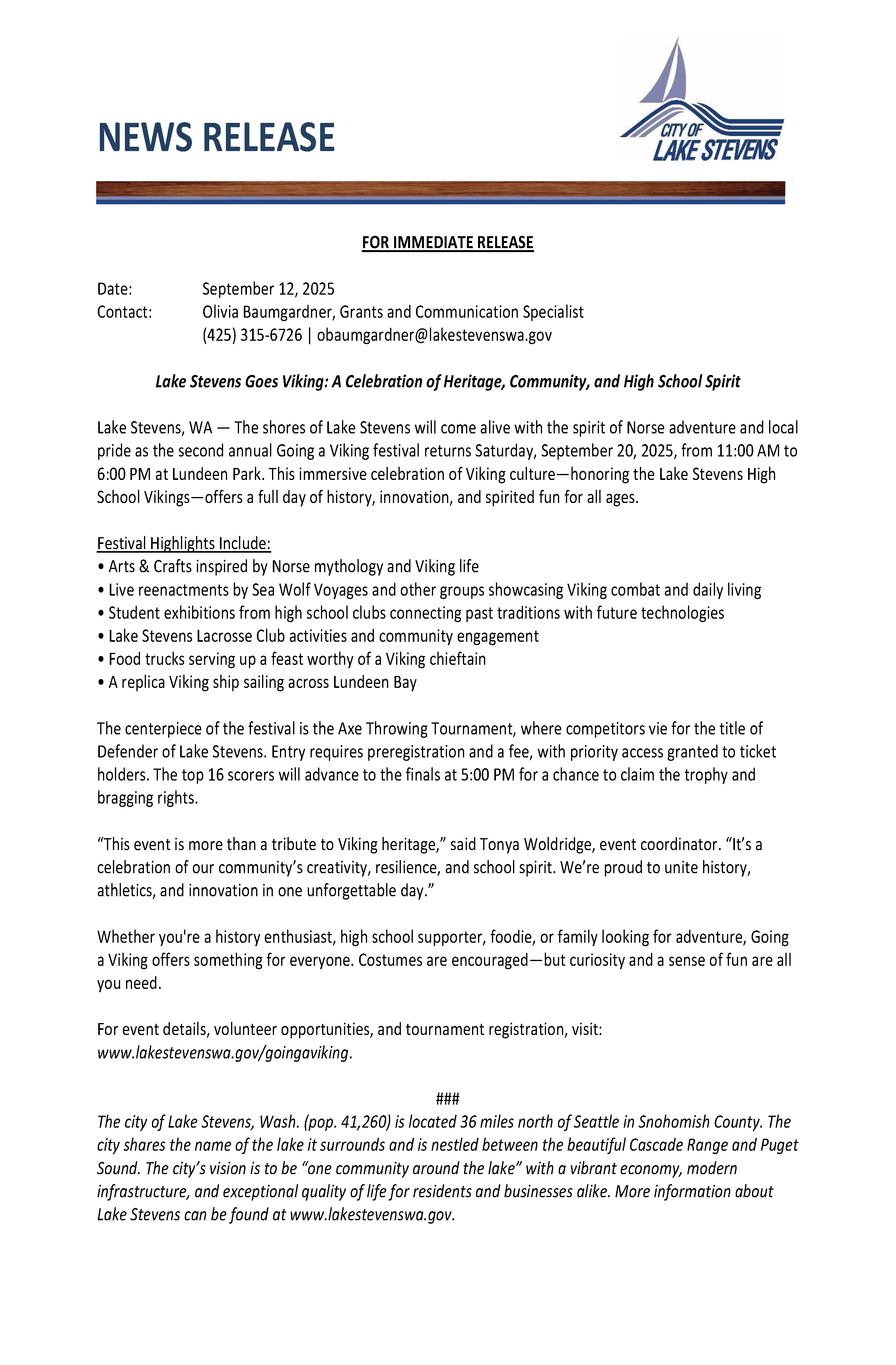 News Release- Lake Stevens Goes Viking
