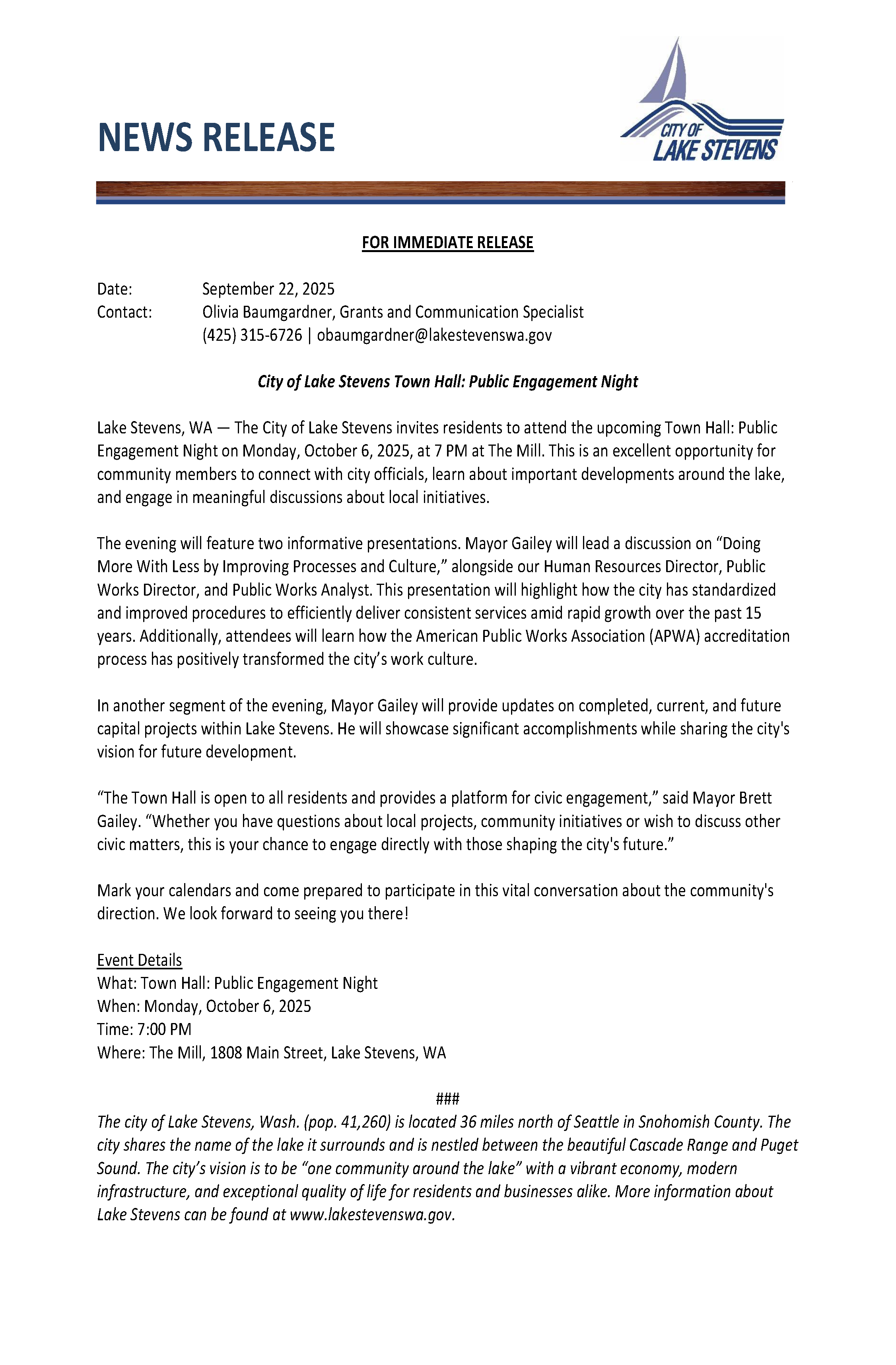 News Release- Lake Stevens Town Hall