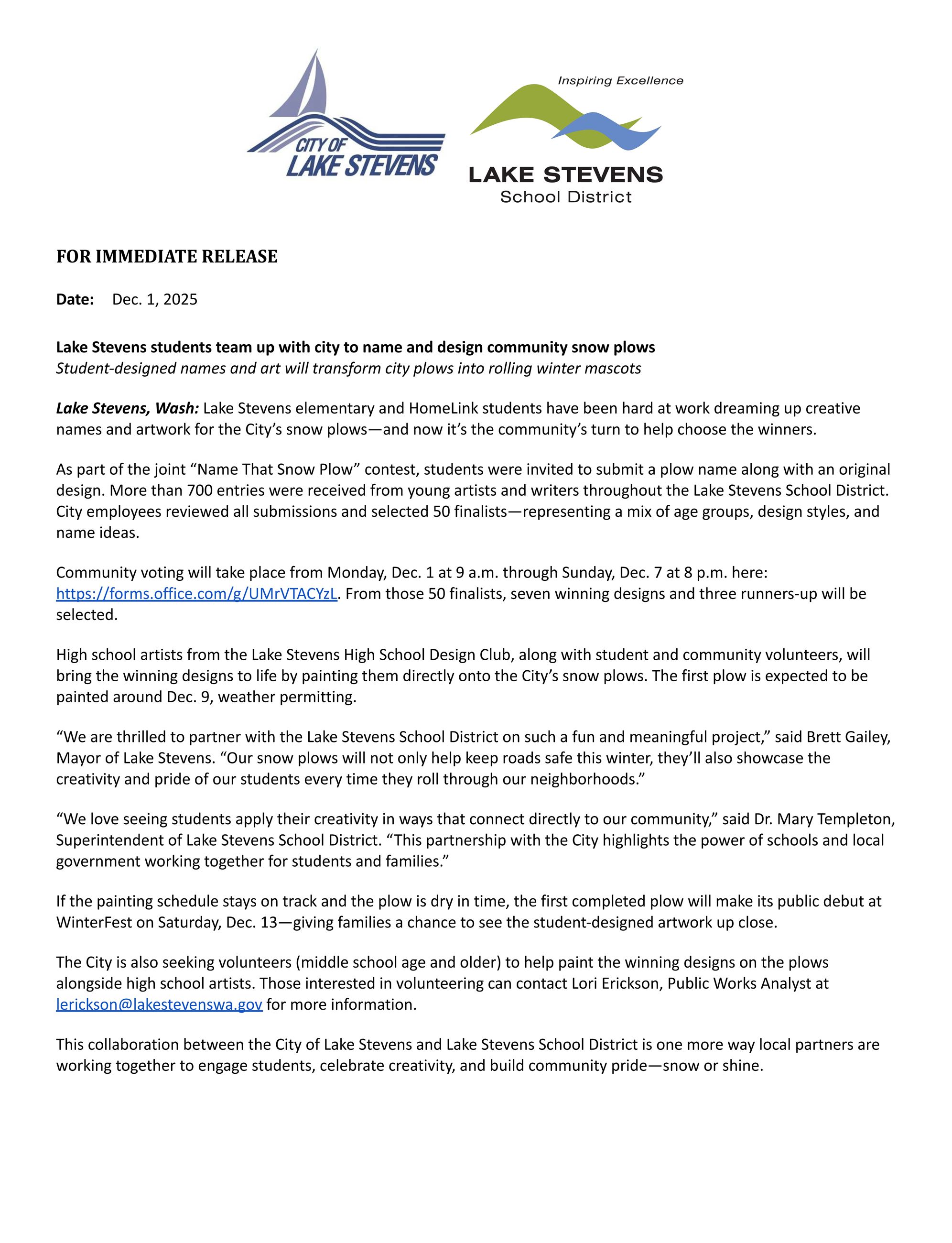 Name That Snow Plow News Release