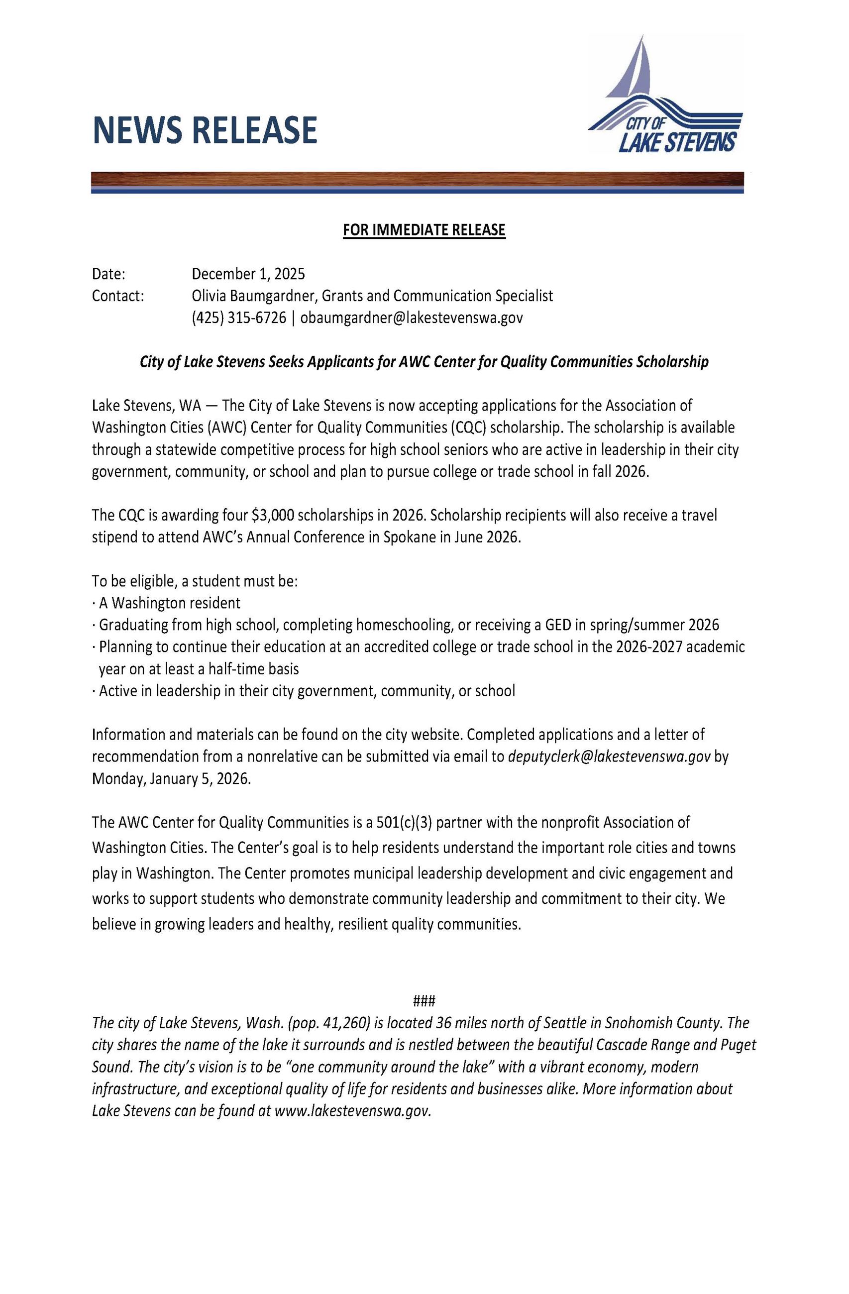 News Release- City Seeks AWC CQC Applicants